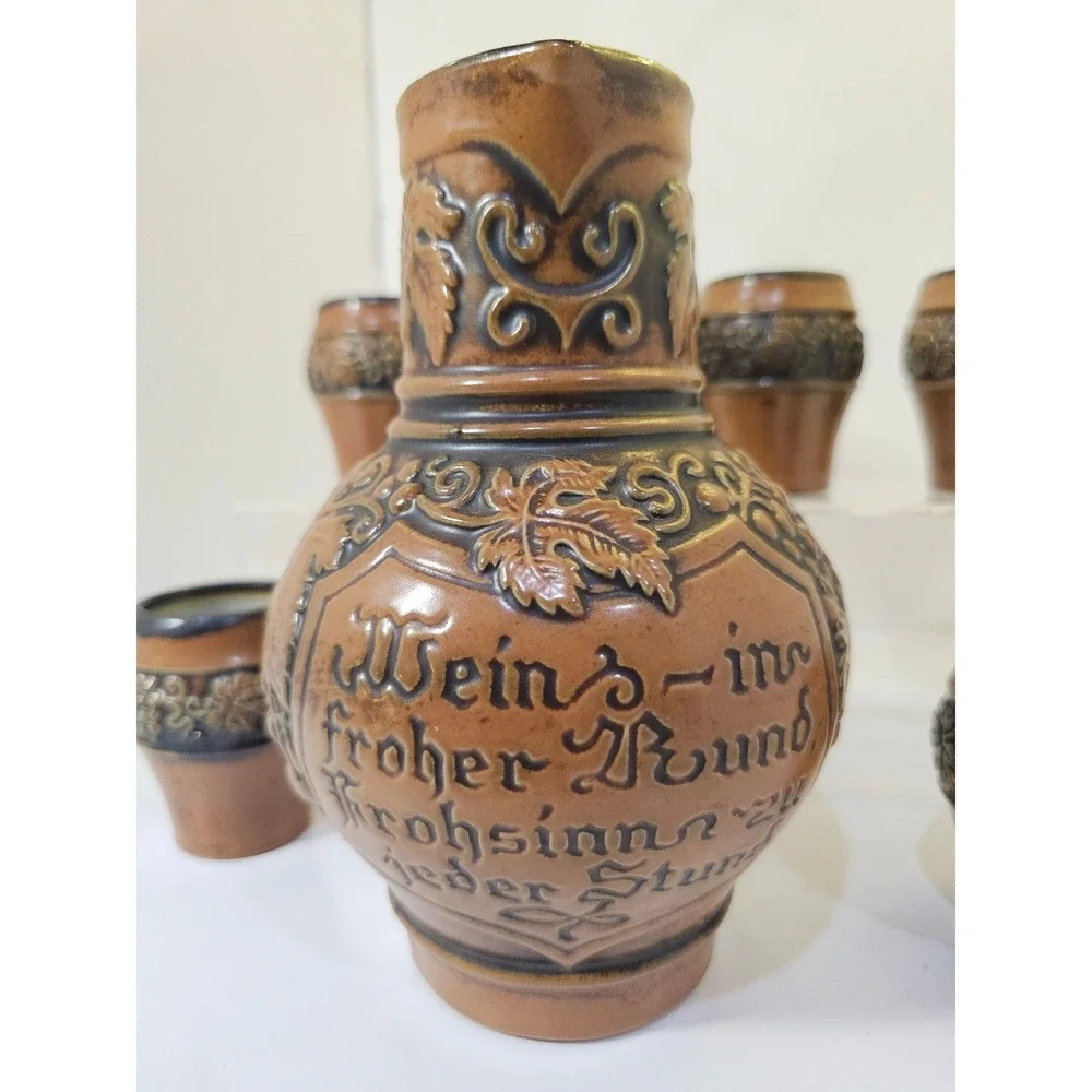 Vintage Gertz German‎ Pottery Pitcher 6 Cups Wine Set Grape Leaf Design MCM